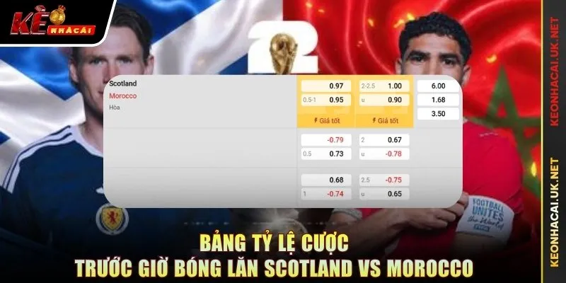 Bảng tỷ lệ cược trước giờ bóng lăn Scotland vs Morocco